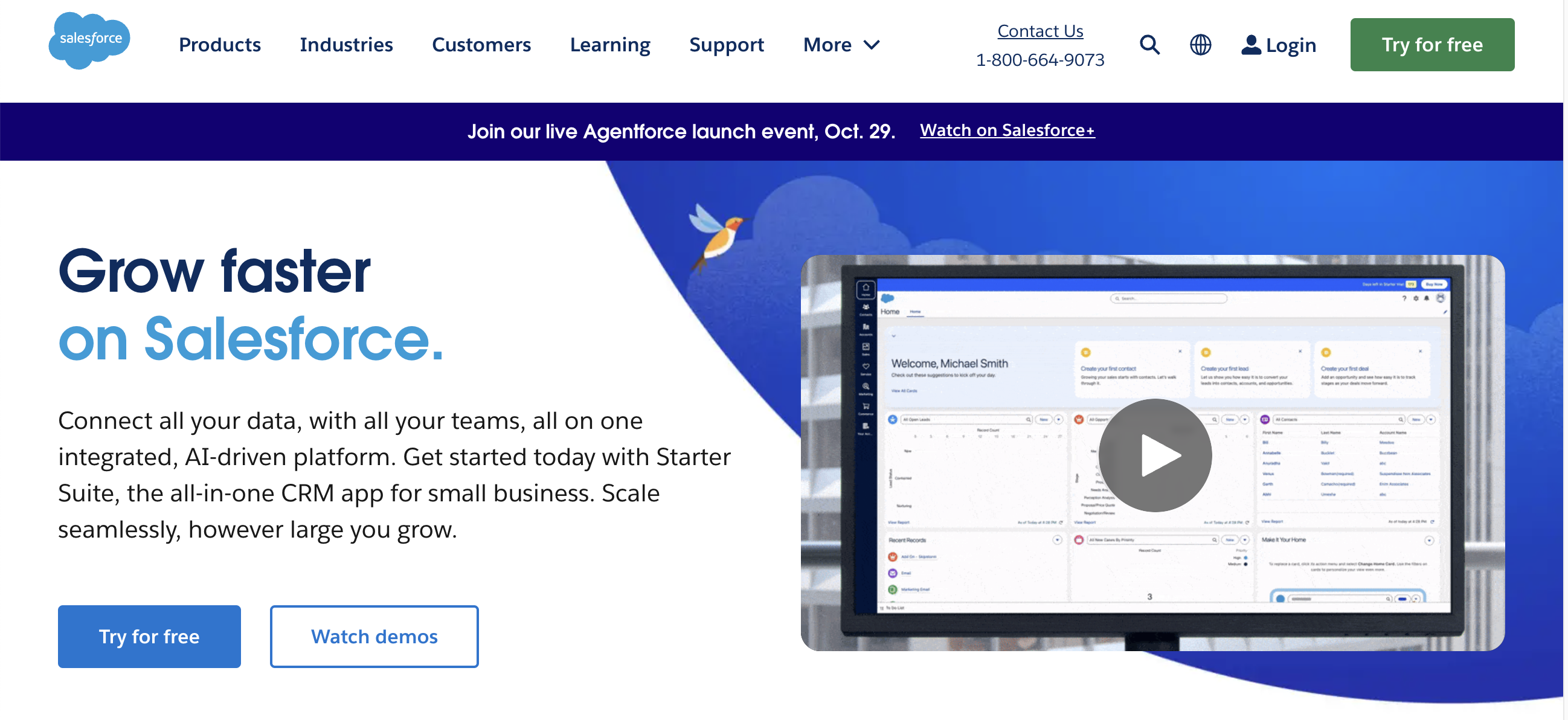 Salesforce homepage showing a trial button and product description and preview. 