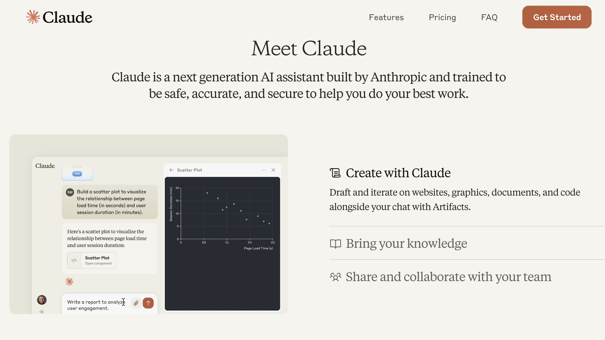 Claude homepage showing a menu, product description and product preview. 