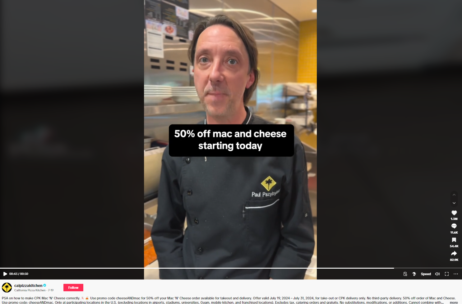 California Pizza Kitchen’s video addressing a wrong order gone viral on TikTok, featuring a chef from the company in a gray chef jacket. 