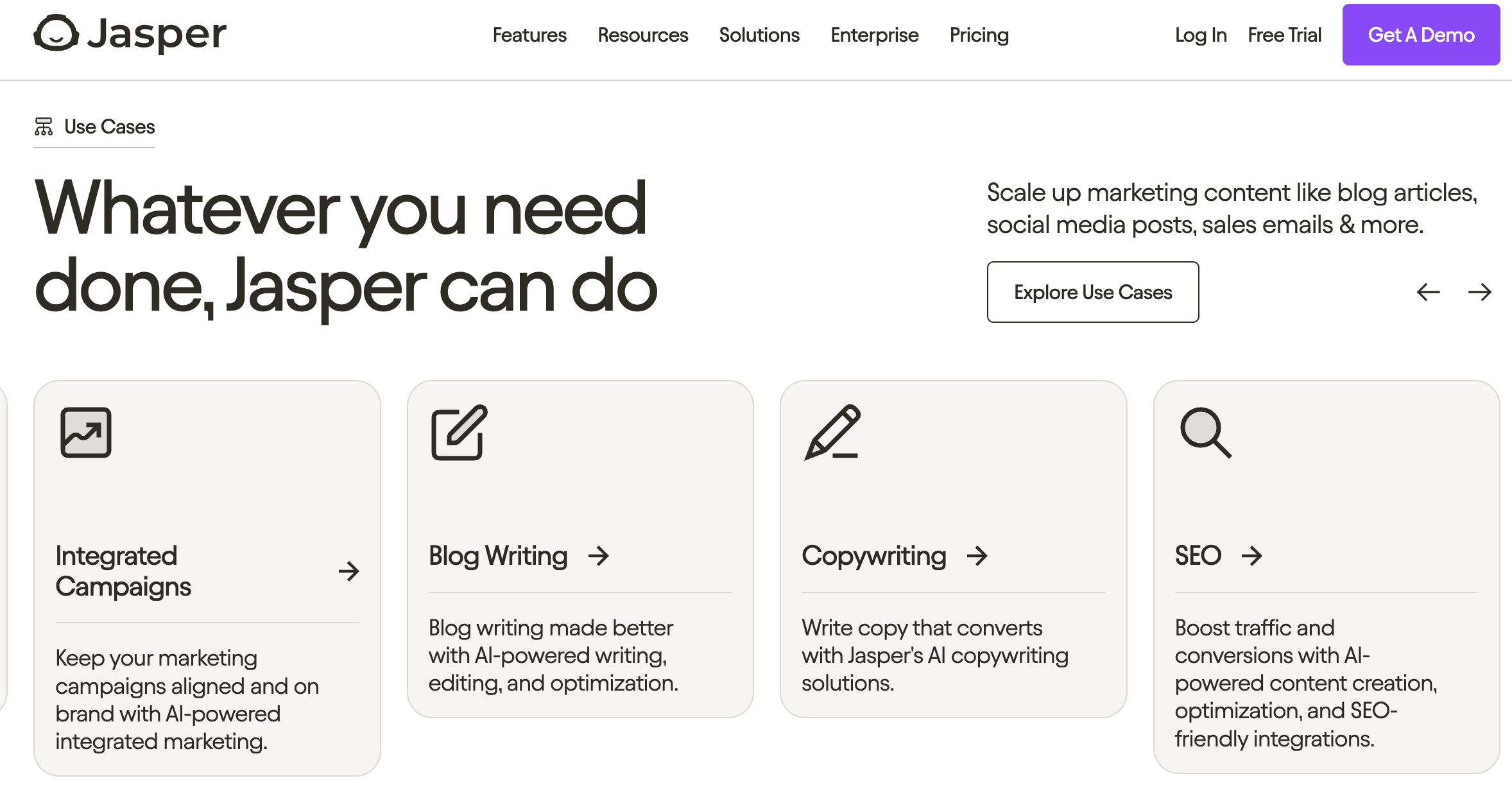 Jasper homepage showing a product feature descriptions, a website menu and a demo button. 