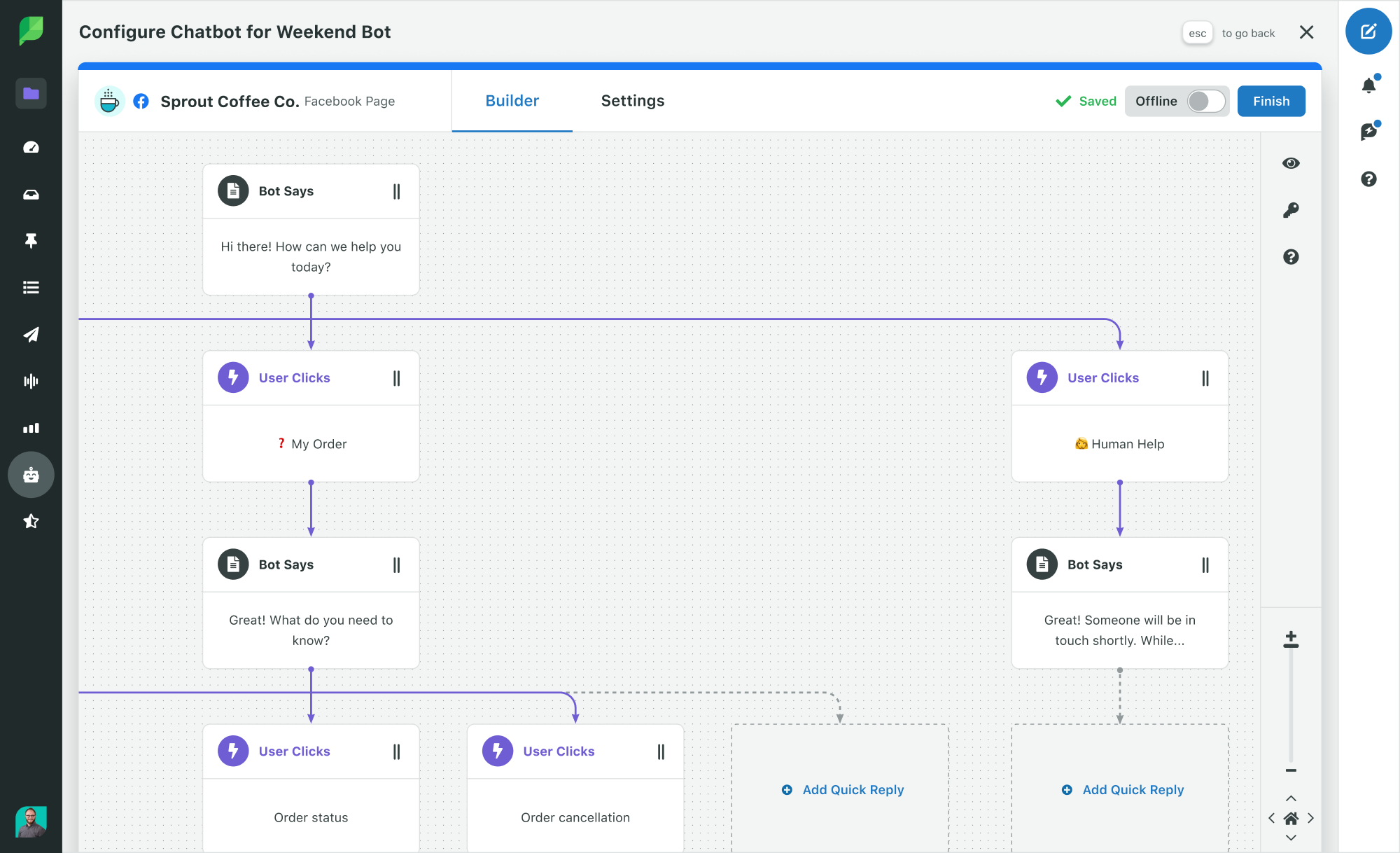 Sprout Social's Bot Builder workflow, using a rule-based chatbot set up that resembles a flowchart, offering different paths for users to take depending on their needs. 