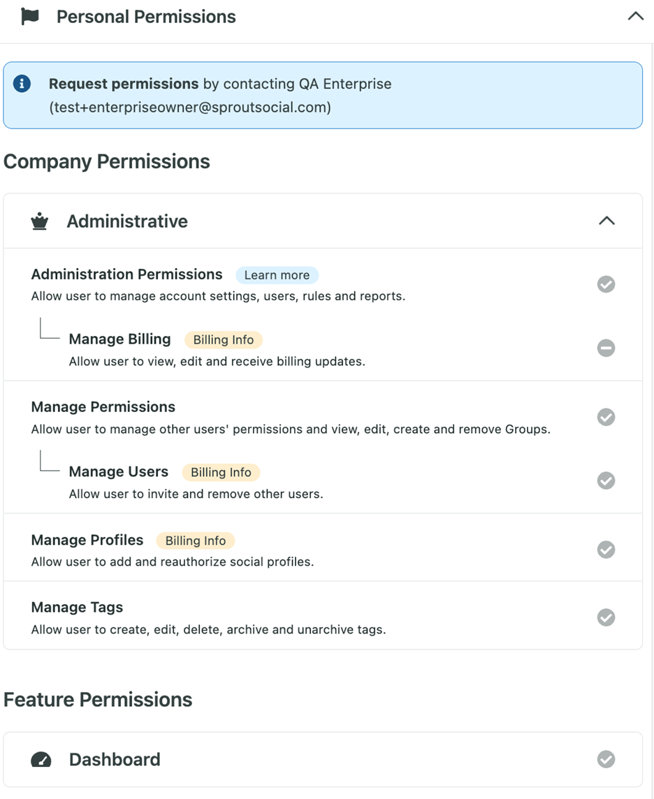 The personal permissions set up page within Sprout.