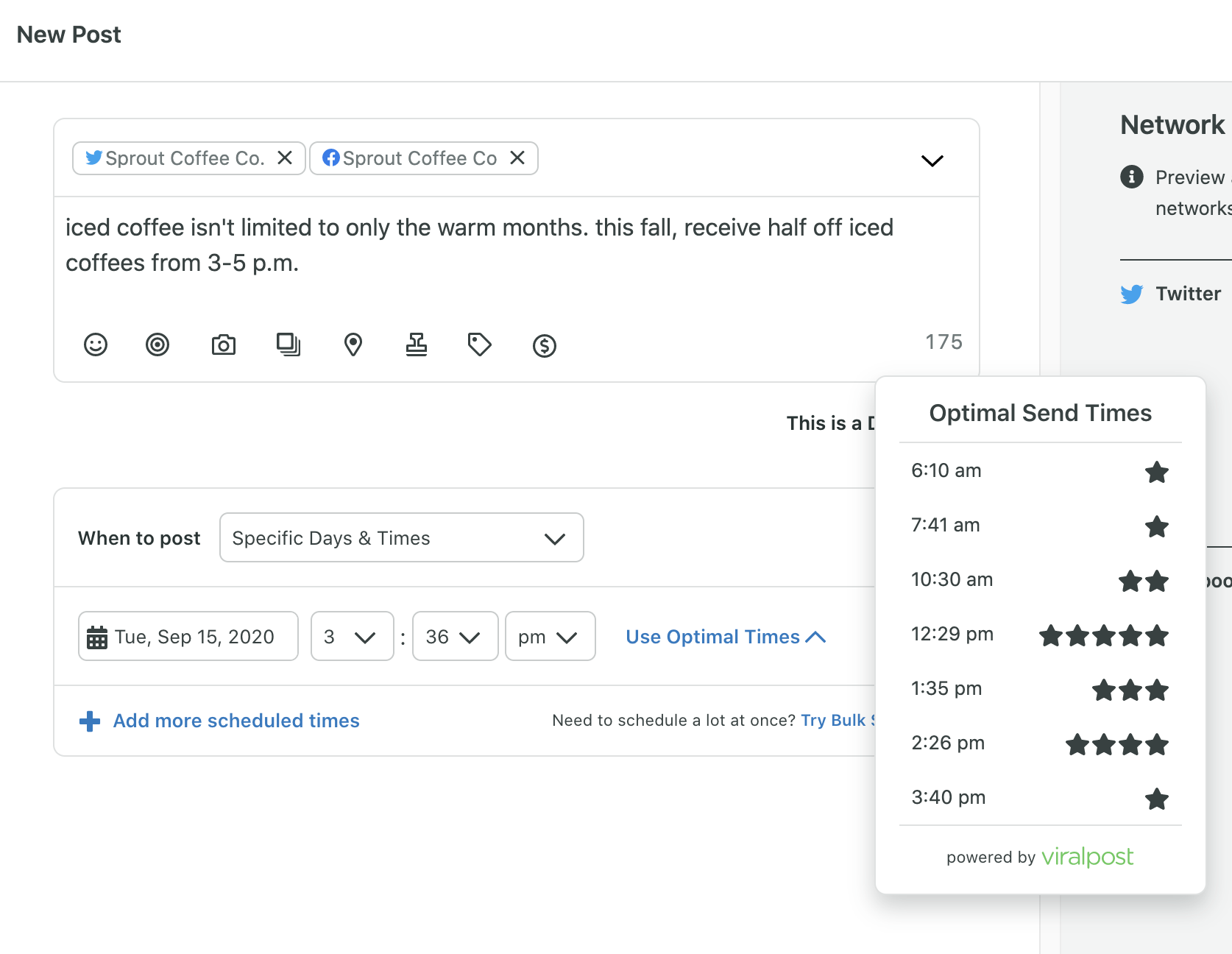 A screenshot of Sprout's Optimal Send Times feature, powered by our ViralPost® technology, which identifies the best send times for posting your content on a specific day.