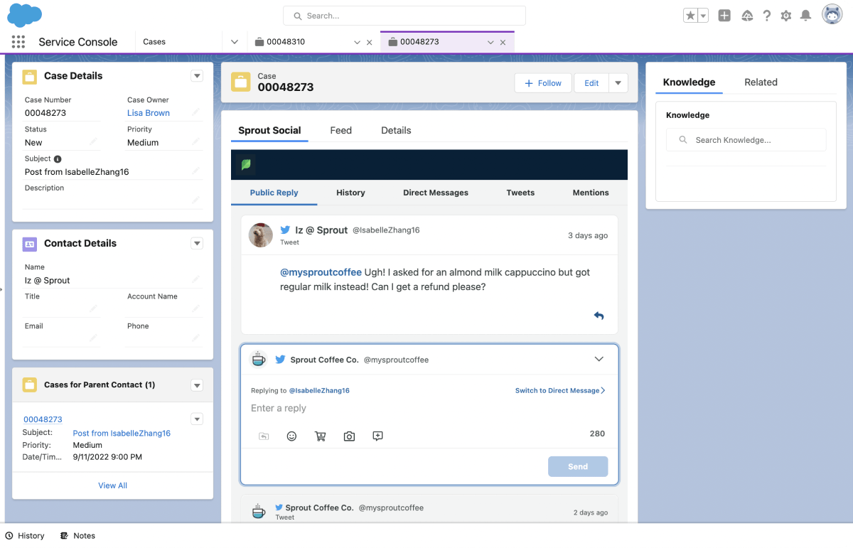 Sprout Social within the Salesforce Service Cloud console