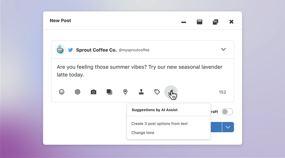 Preview of Suggestions by AI Assist in Sprout Social. A new post draft shows several options from Suggestions by AI Assist. 