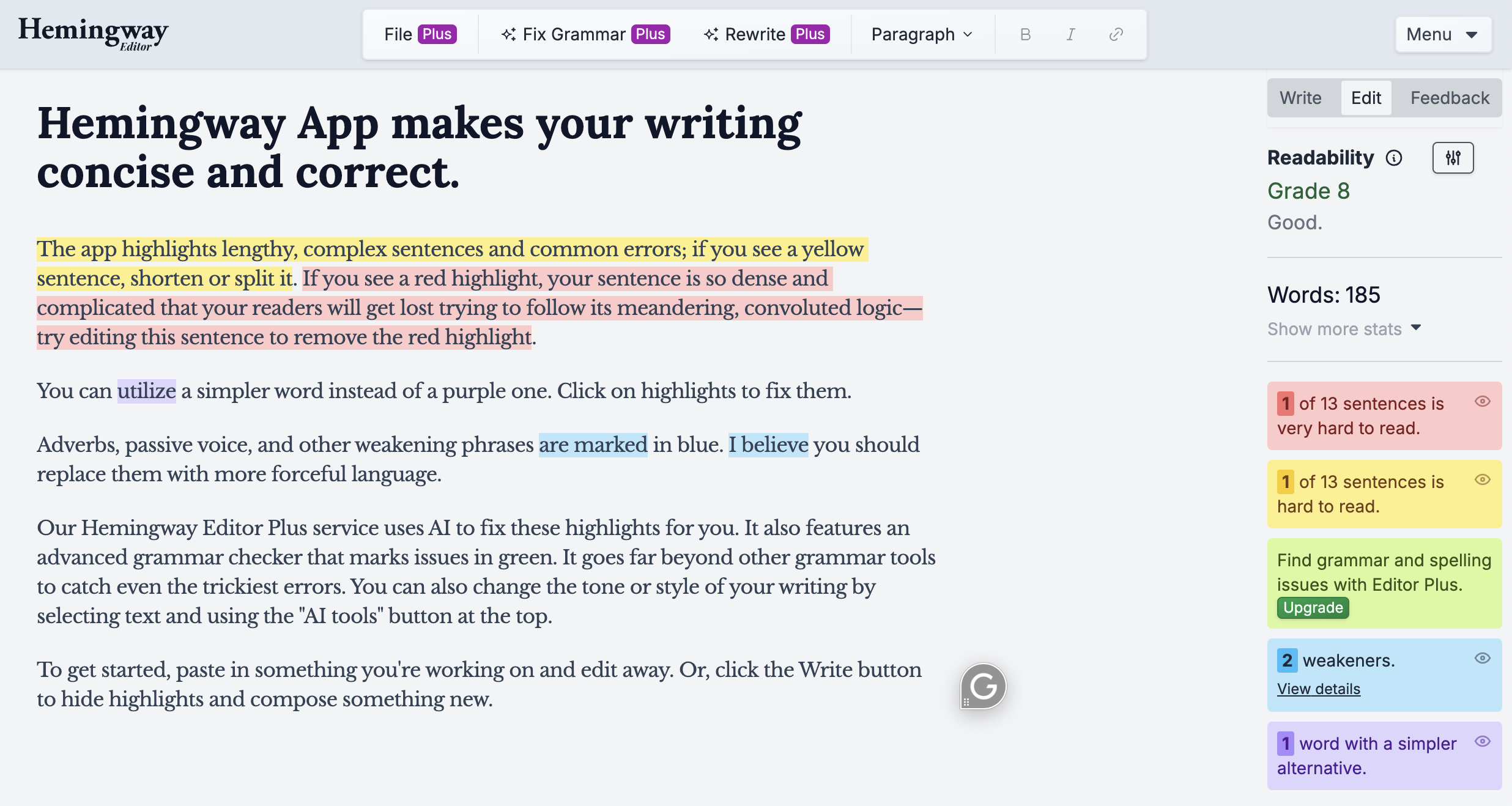 Hemingway Editor webpage describing the website. There's a menu at the top and on the right side giving options for editing and proofreading. 